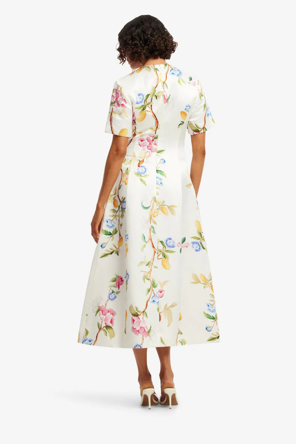 Caroline Midi Dress - Lemon Vine Print in Snow