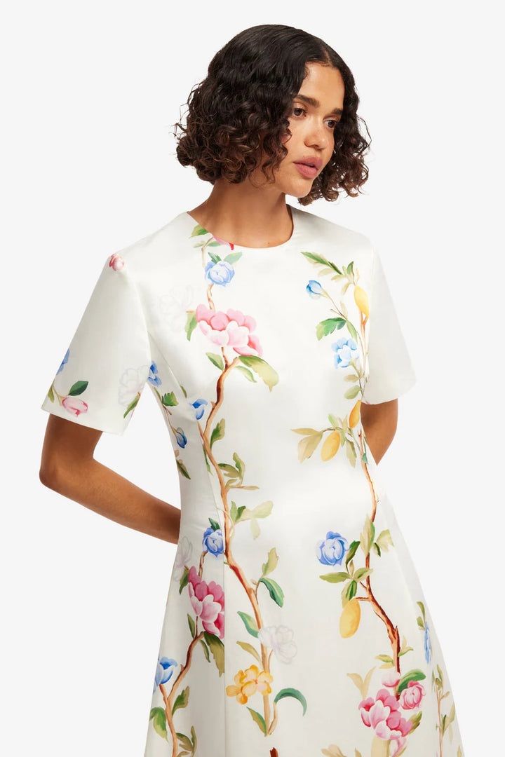 Caroline Midi Dress - Lemon Vine Print in Snow