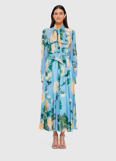 Liliane Tie Neck Midi Dress - Hydrangea Print in Cornflower Blue