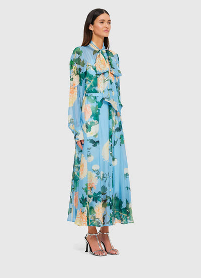 Liliane Tie Neck Midi Dress - Hydrangea Print in Cornflower Blue
