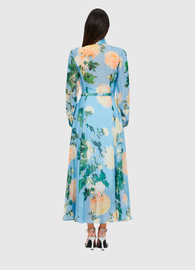 Liliane Tie Neck Midi Dress - Hydrangea Print in Cornflower Blue