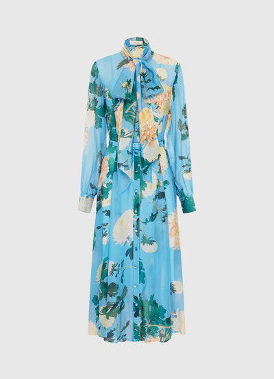 Liliane Tie Neck Midi Dress - Hydrangea Print in Cornflower Blue