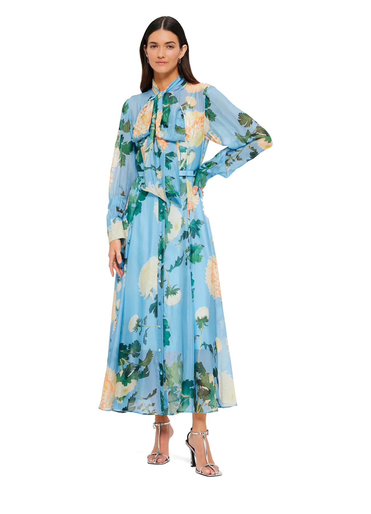 Liliane Tie Neck Midi Dress - Hydrangea Print in Cornflower Blue