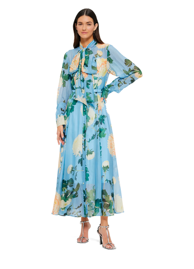 Liliane Tie Neck Midi Dress - Hydrangea Print in Cornflower Blue
