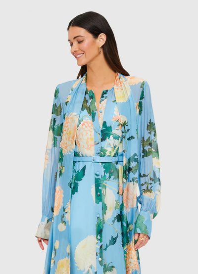 Liliane Tie Neck Midi Dress - Hydrangea Print in Cornflower Blue