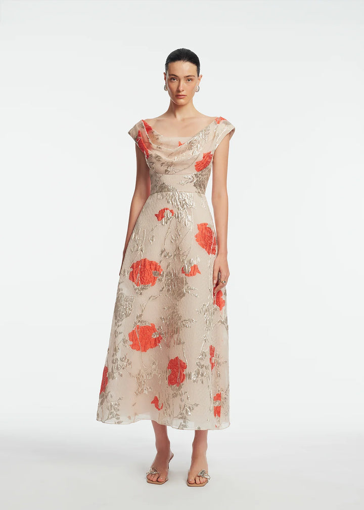 Floral Fil Coupe Draped Dress - Pink Multi