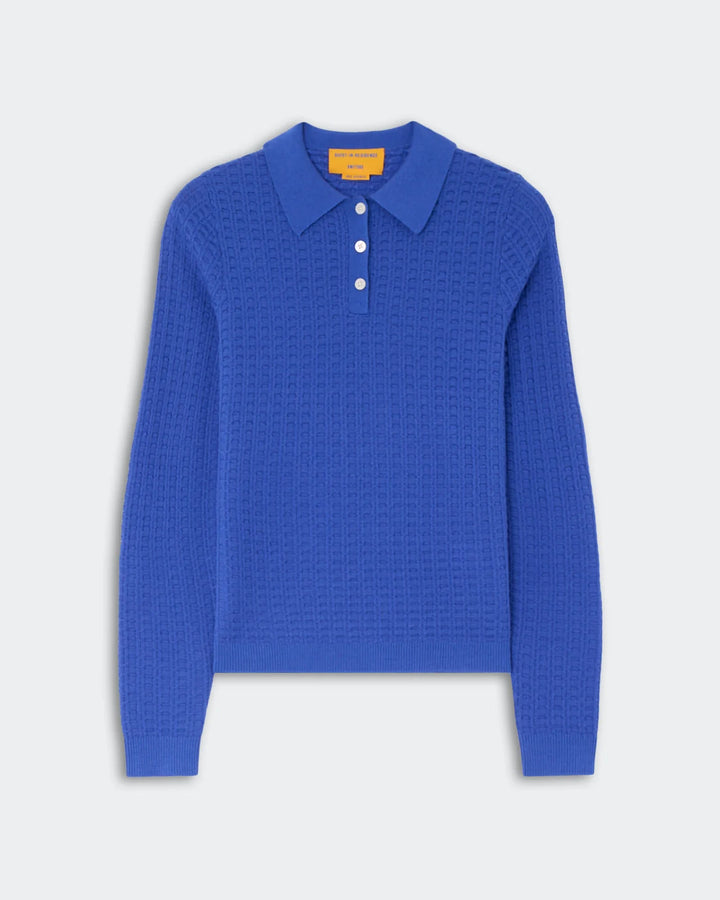 Long Sleeve Shrunken Waffle Polo - Blue