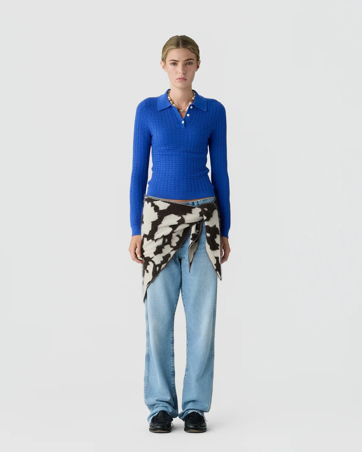 Long Sleeve Shrunken Waffle Polo - Blue
