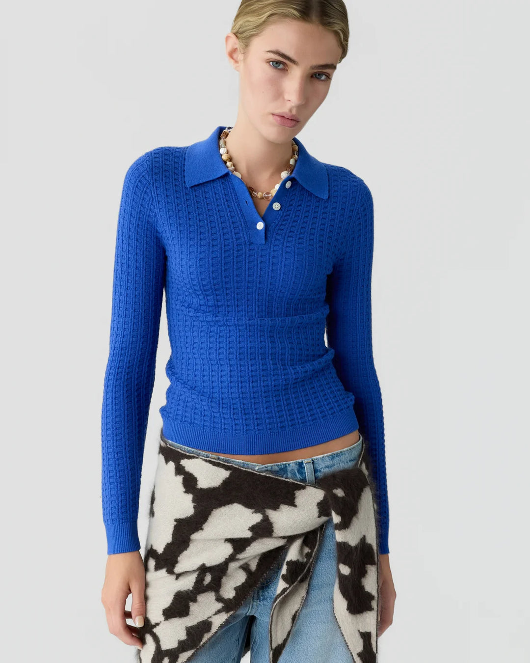 Long Sleeve Shrunken Waffle Polo - Blue