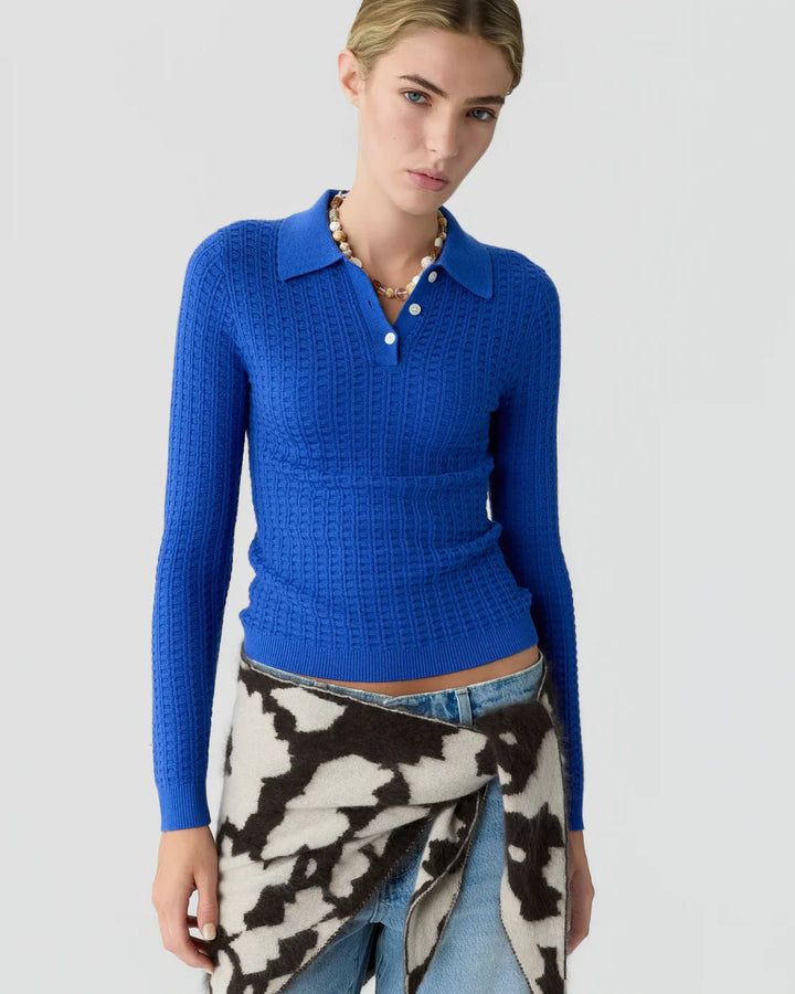 Long Sleeve Shrunken Waffle Polo - Blue