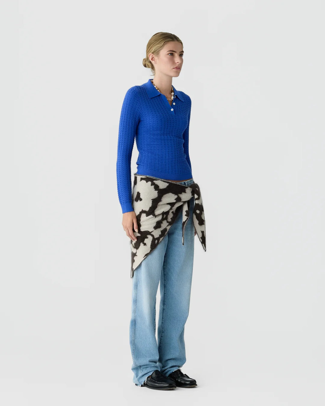 Long Sleeve Shrunken Waffle Polo - Blue