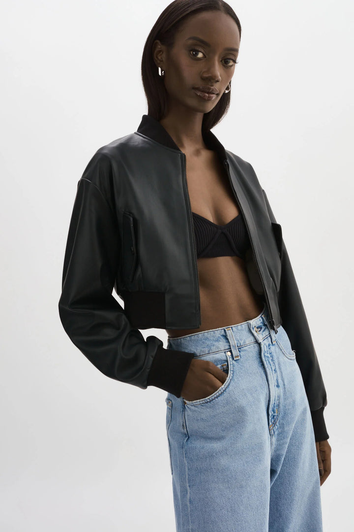EVELIN Faux Leather Cropped Bomber - Black
