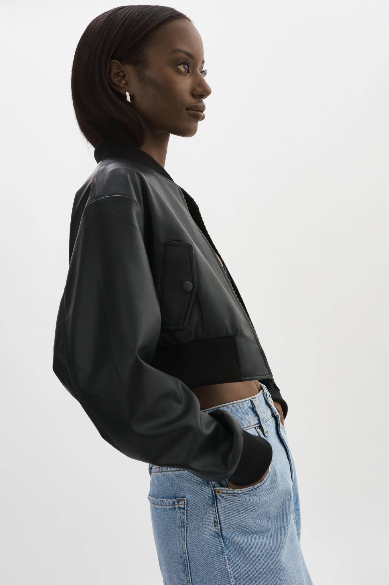 EVELIN Faux Leather Cropped Bomber - Black