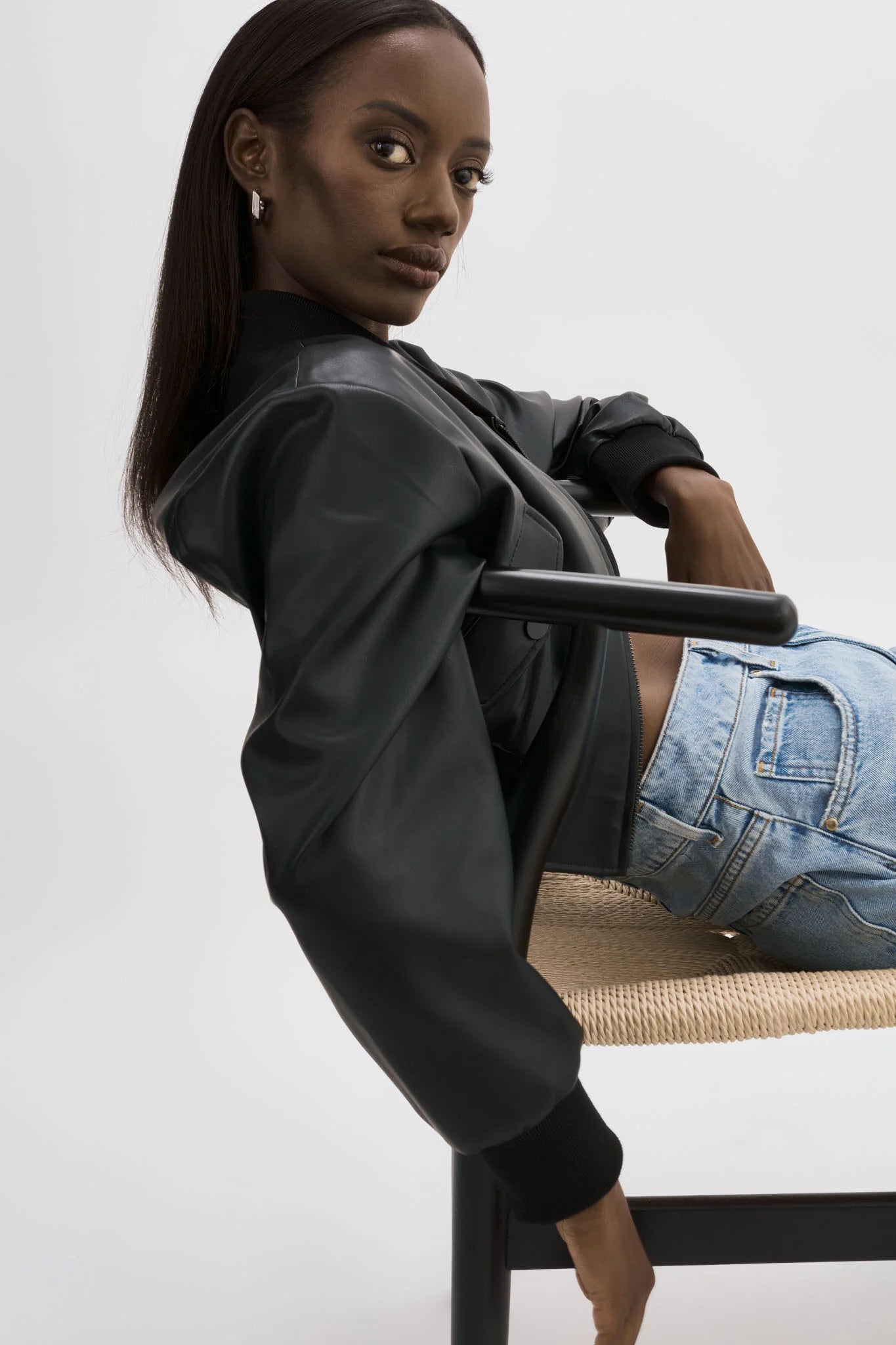 EVELIN Faux Leather Cropped Bomber - Black