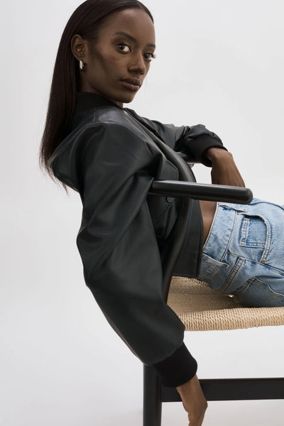 EVELIN Faux Leather Cropped Bomber - Black