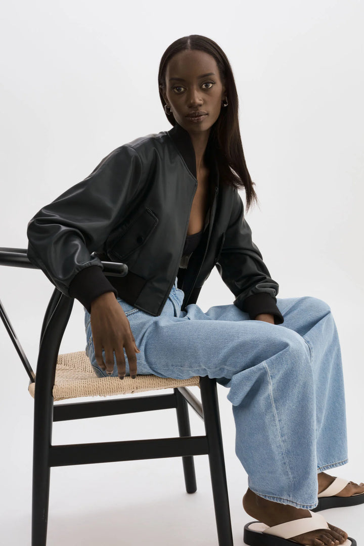 EVELIN Faux Leather Cropped Bomber - Black