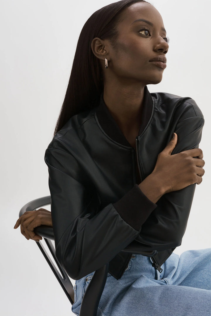 EVELIN Faux Leather Cropped Bomber - Black