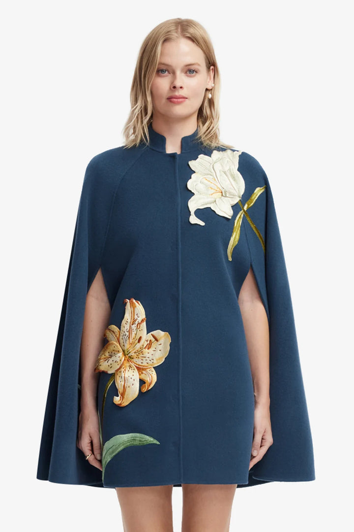 Sloane Embroidered Wool Cape Jacket in Lily Print Indigo