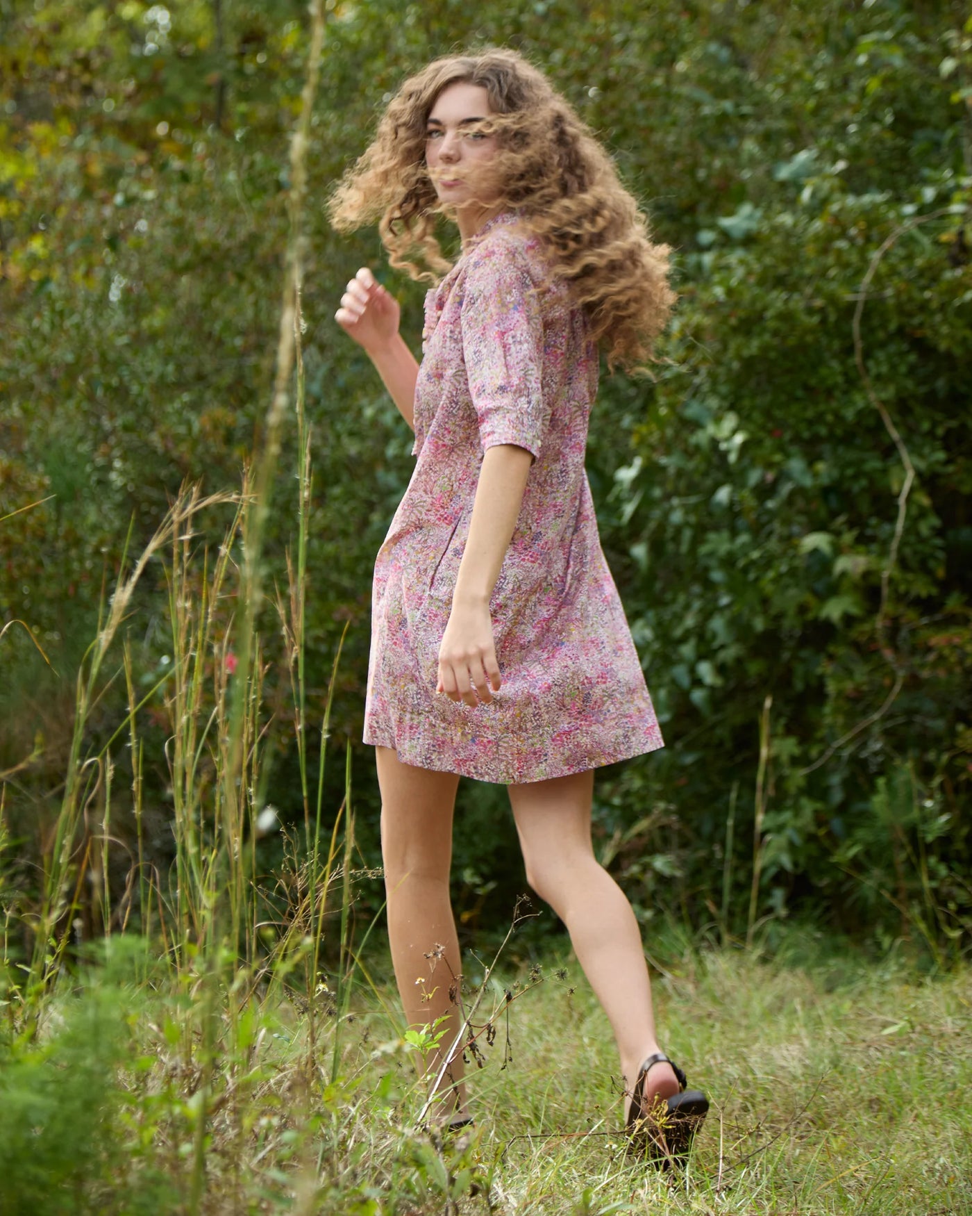 Elbow-Sleeve Frill Dress - Orchid Fields Of Eden Liberty Fabric