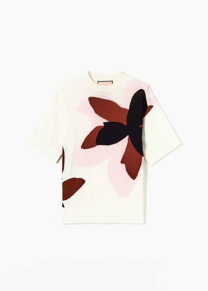 Floral Intarsia Short Sleeve Knit - White Multi