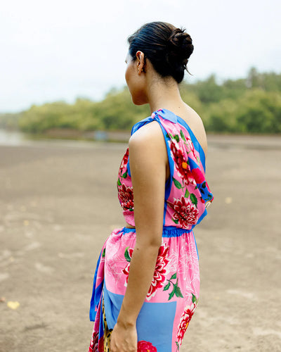 Draped Scarf Skirt - Blue and Pink Leopard Face Print