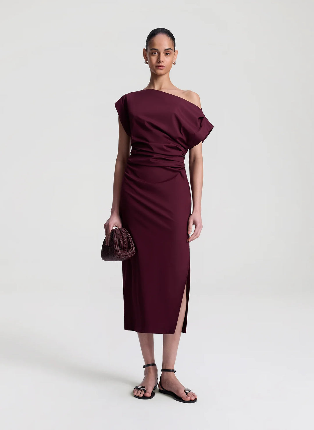 Nara Stretch Cotton Off Shoulder Midi Dress - Plum