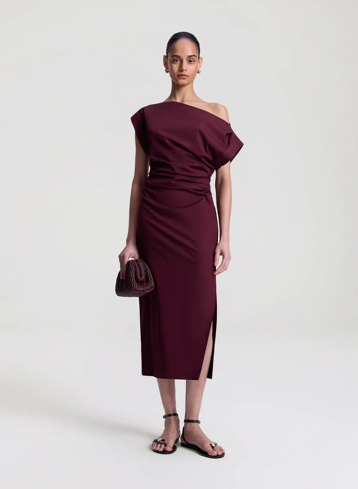 Nara Stretch Cotton Off Shoulder Midi Dress - Plum