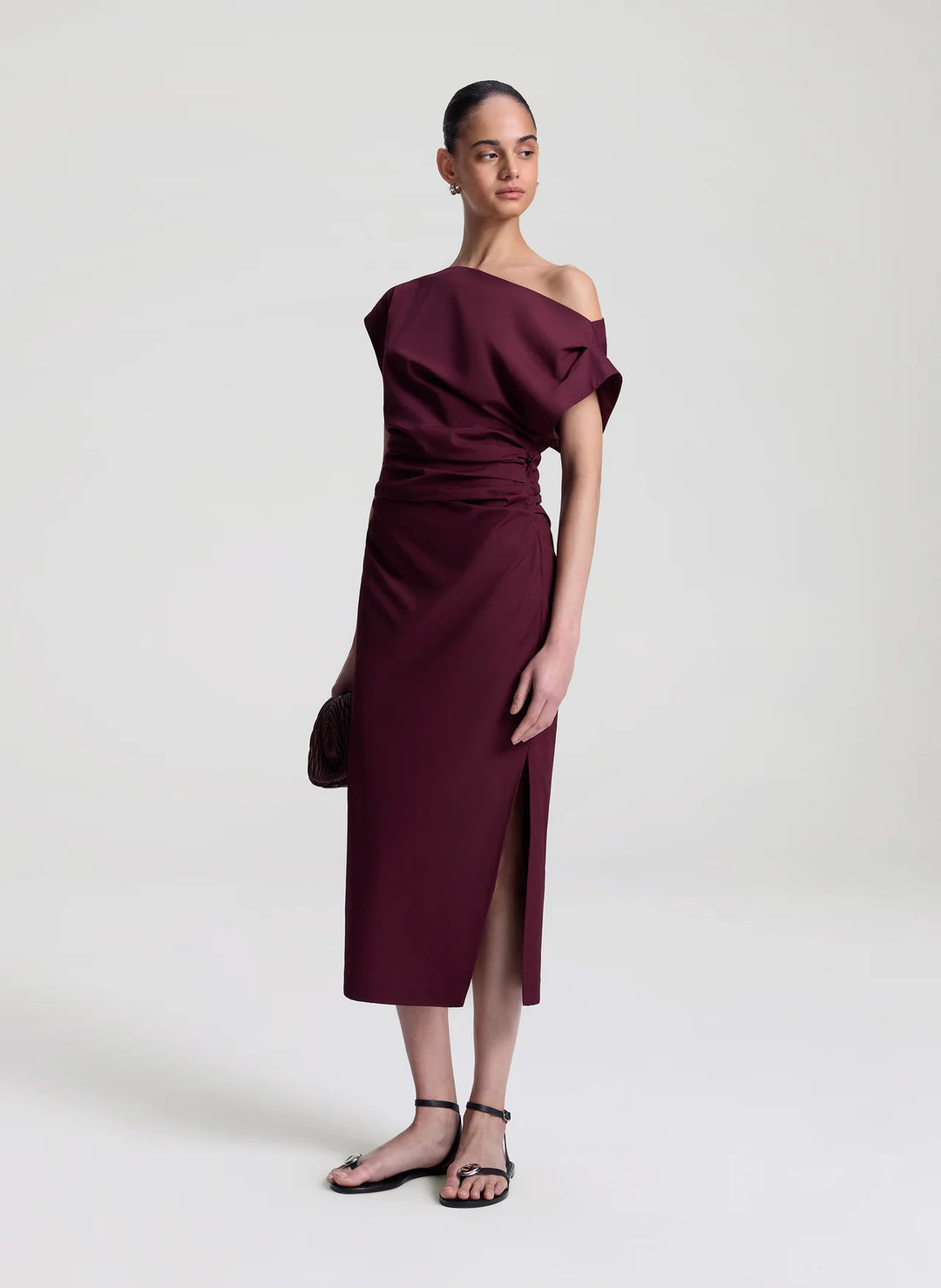 Nara Stretch Cotton Off Shoulder Midi Dress - Plum
