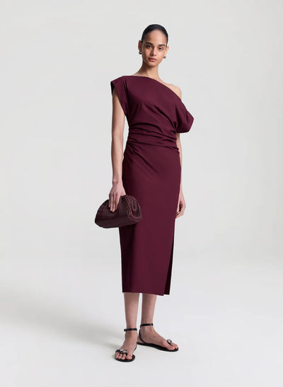Nara Stretch Cotton Off Shoulder Midi Dress - Plum