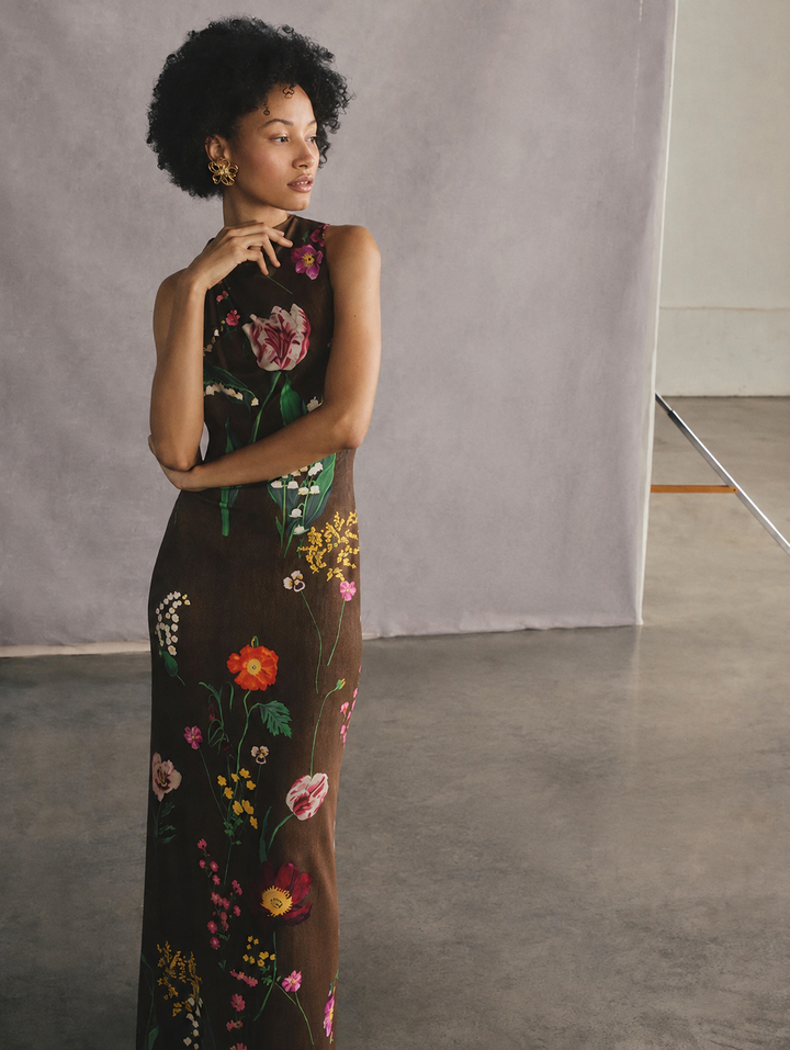 Mixed Botanical Milano Jersey Dress - Brown Multi