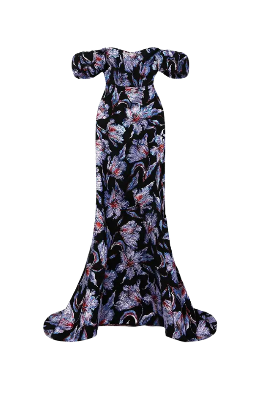 astaire off-the-shoulder brocade gown - Red Multi