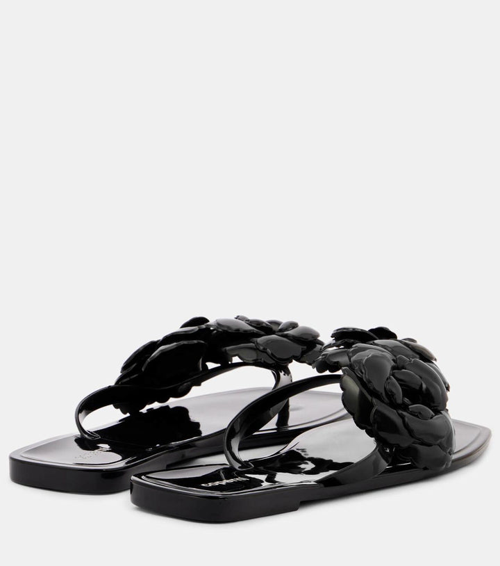Silicone Flower Flat Sandals - Black