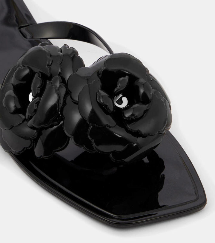 Silicone Flower Flat Sandals - Black