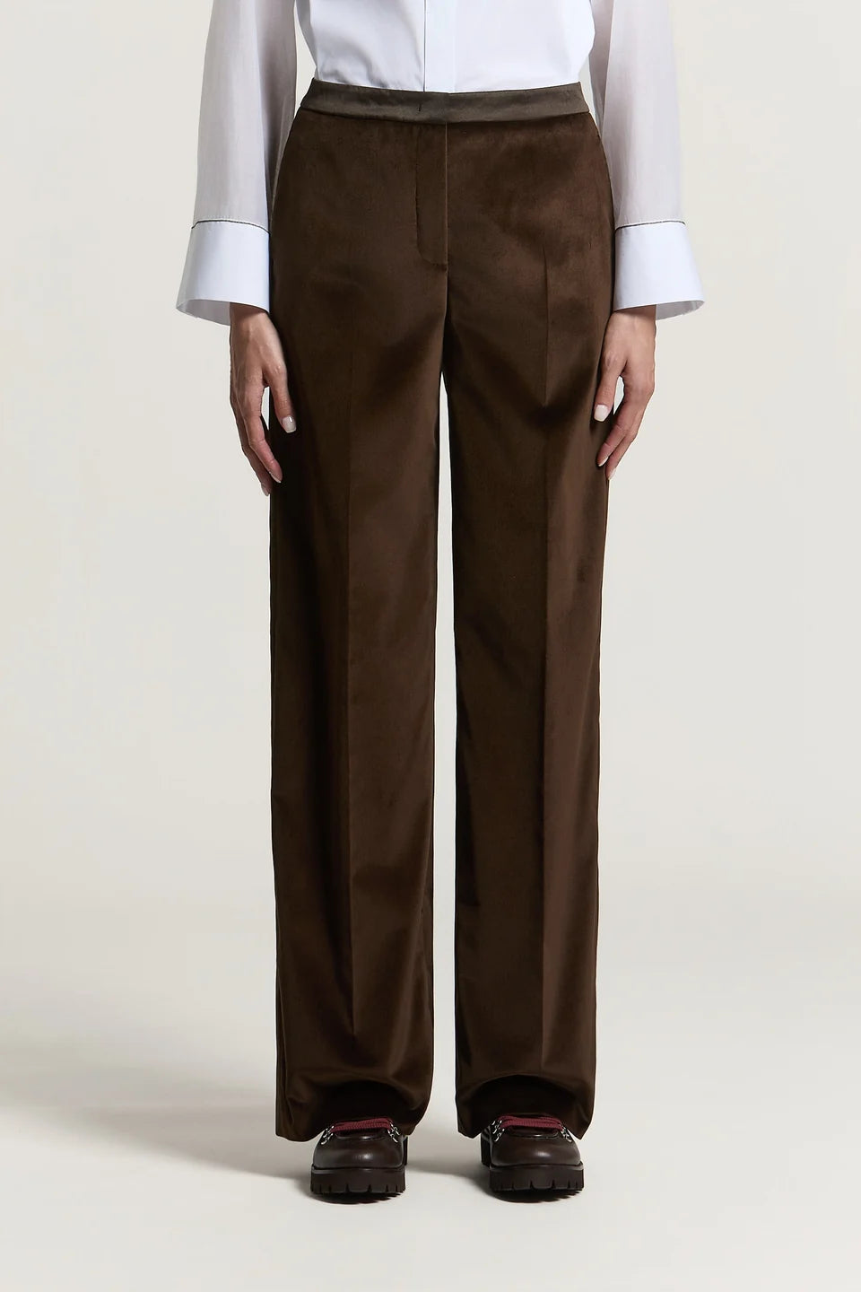 Cotton Velvet Palazzo Trousers- Dark Brown
