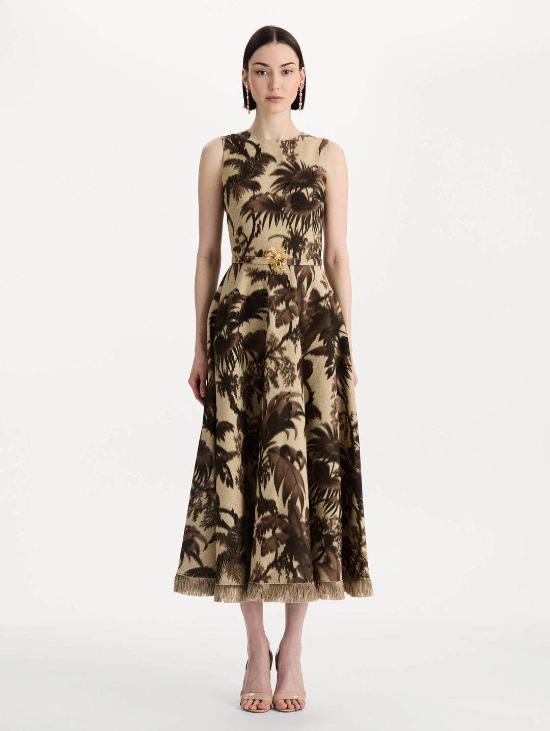 Chine Palm Leaves Midi Dress - Brown