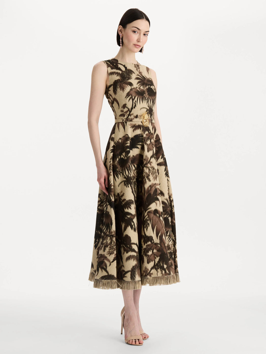 Chine Palm Leaves Midi Dress - Brown