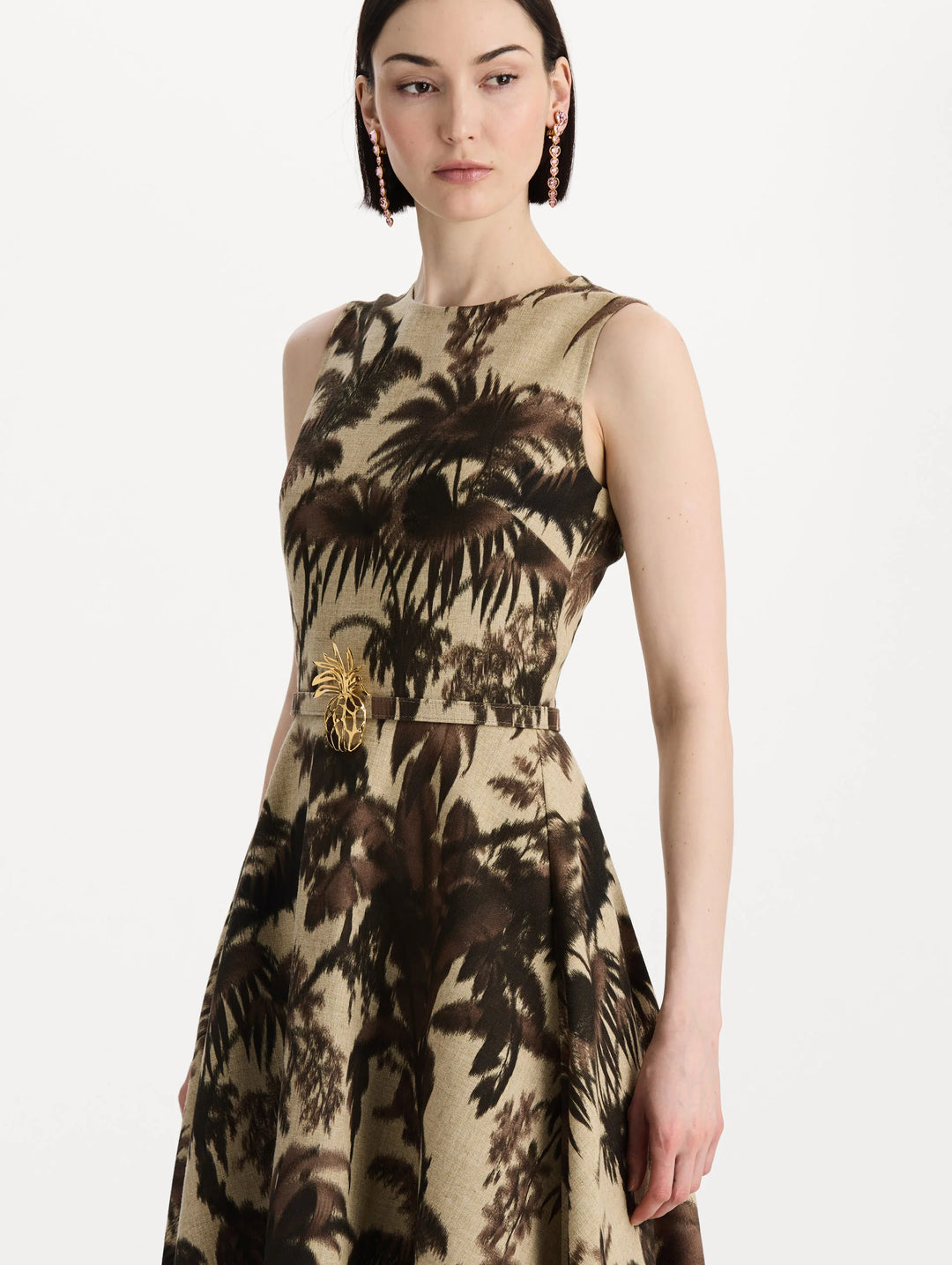 Chine Palm Leaves Midi Dress - Brown