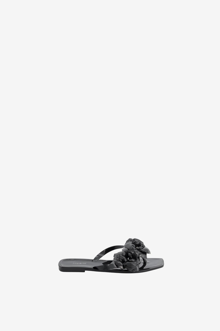 Silicone Flower Flat Sandals - Black