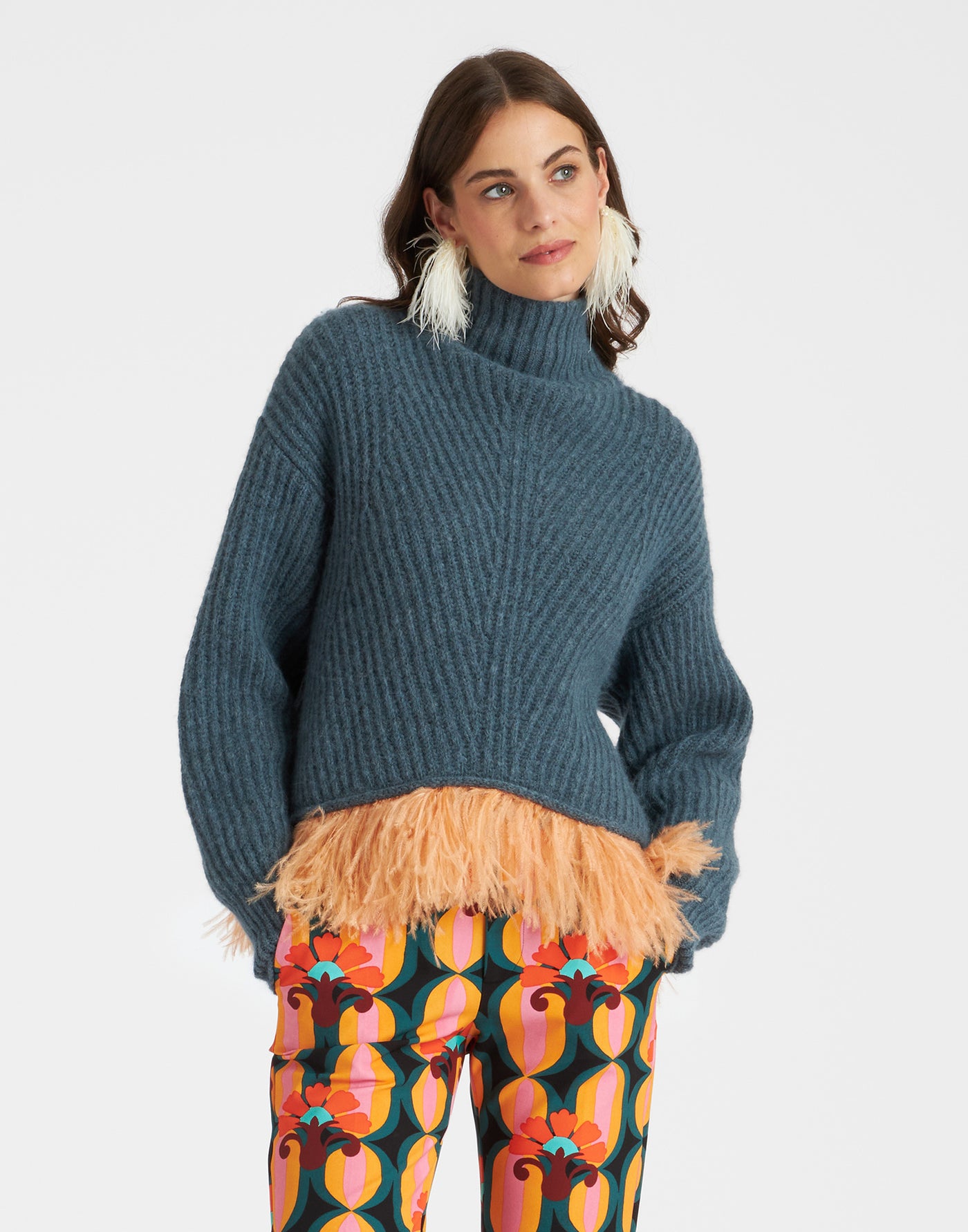 High Kick Sweater - Blue in Wool With Feathers