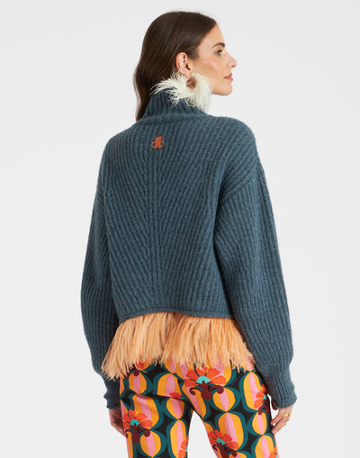 High Kick Sweater - Blue in Wool With Feathers