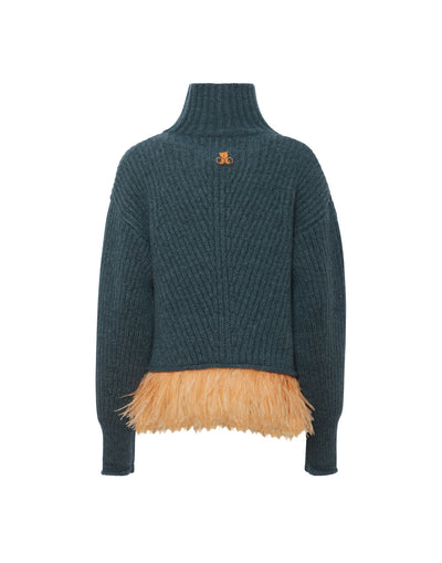 High Kick Sweater - Blue in Wool With Feathers