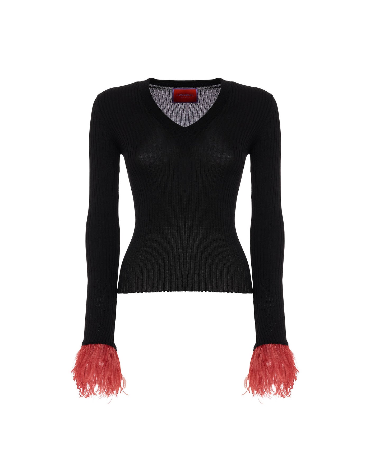 V-Neck High Kick Top - Solid Black in Ribbed Silk Cashmere With Feathers