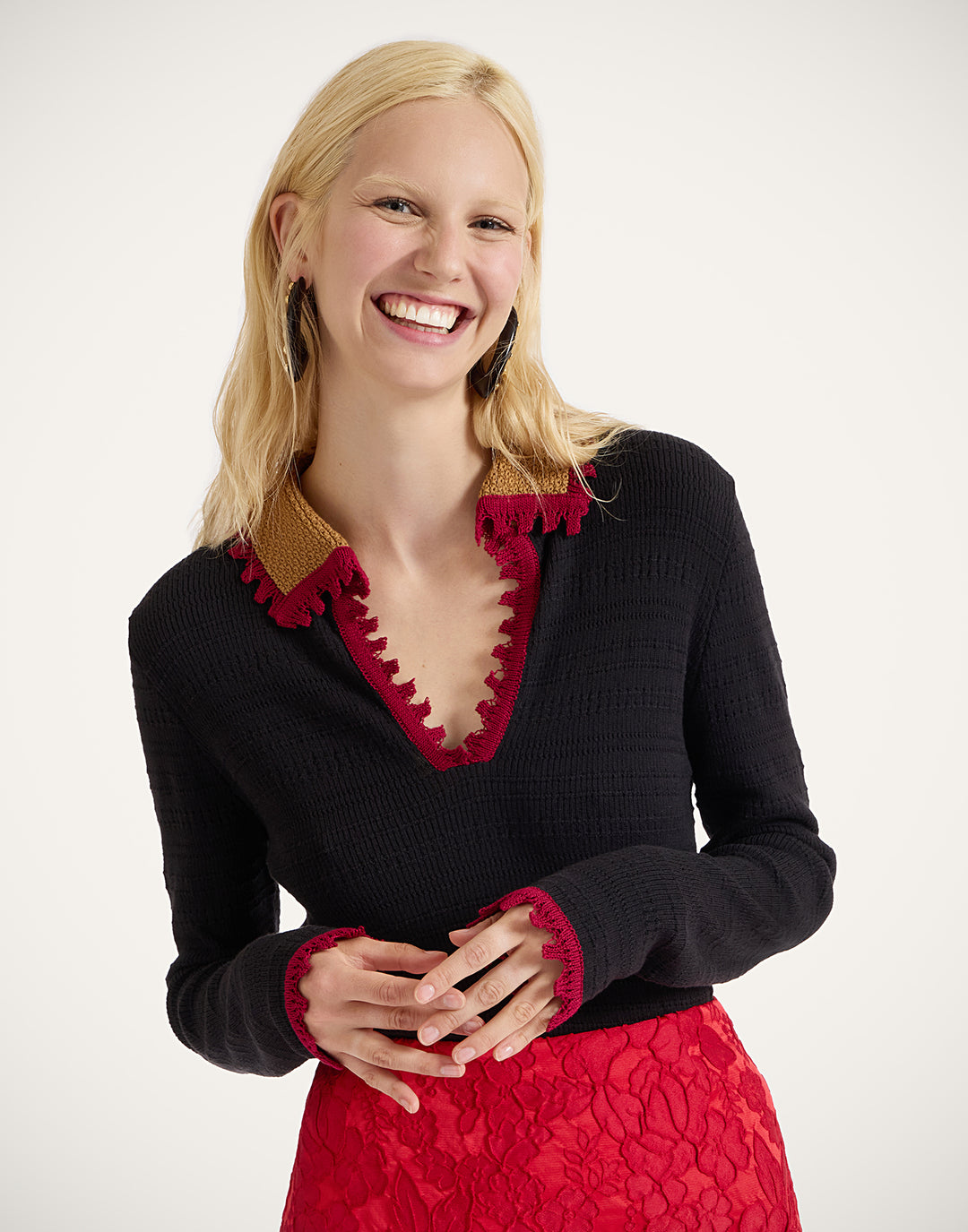 Picket Polo Jumper - Solid Black in Cotton Cashmere