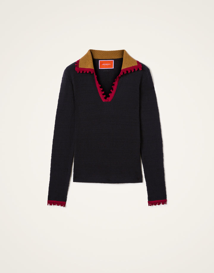 Picket Polo Jumper - Solid Black in Cotton Cashmere