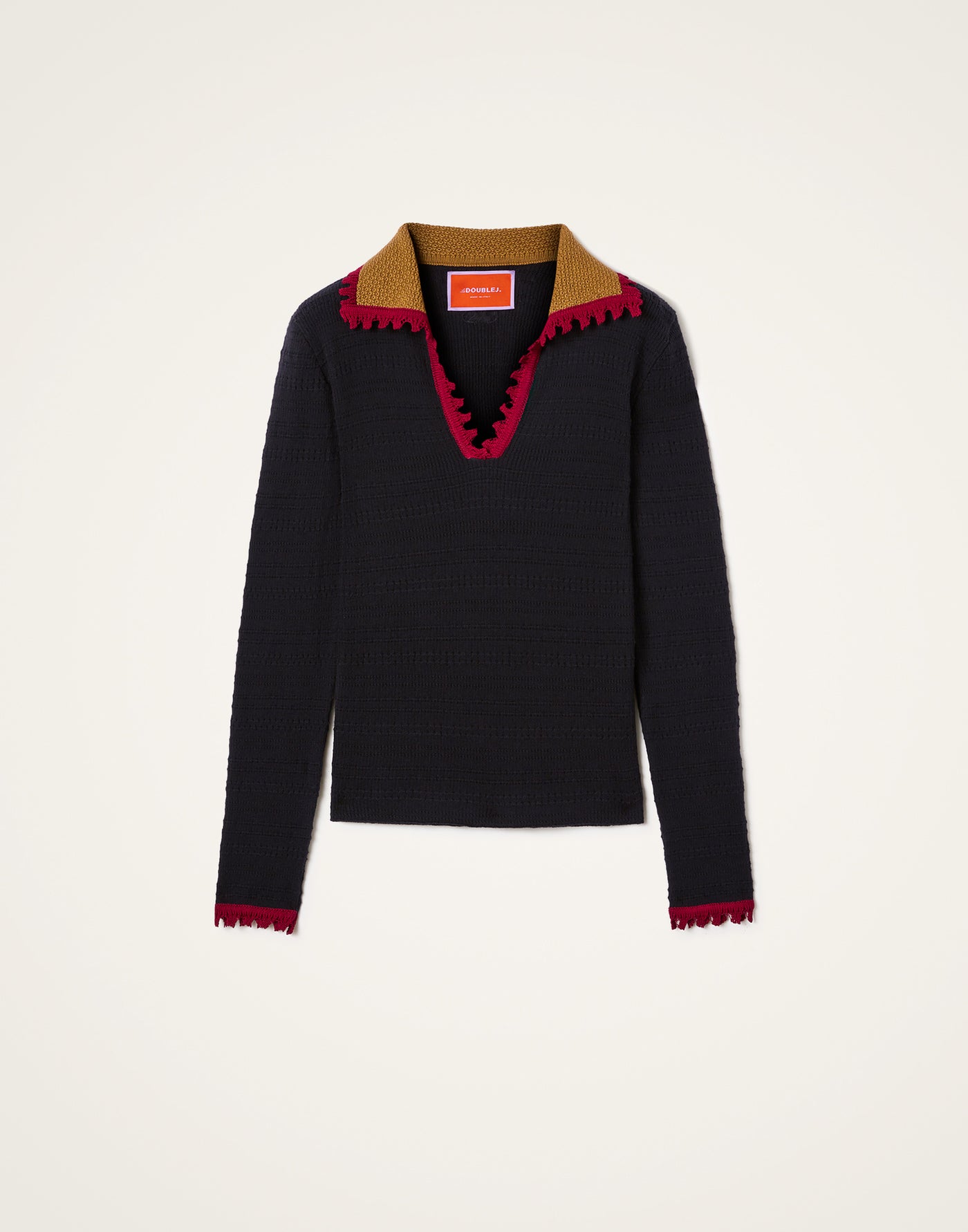 Picket Polo Jumper - Solid Black in Cotton Cashmere