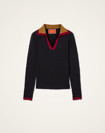 Picket Polo Jumper - Solid Black in Cotton Cashmere