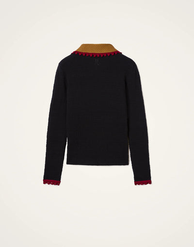 Picket Polo Jumper - Solid Black in Cotton Cashmere