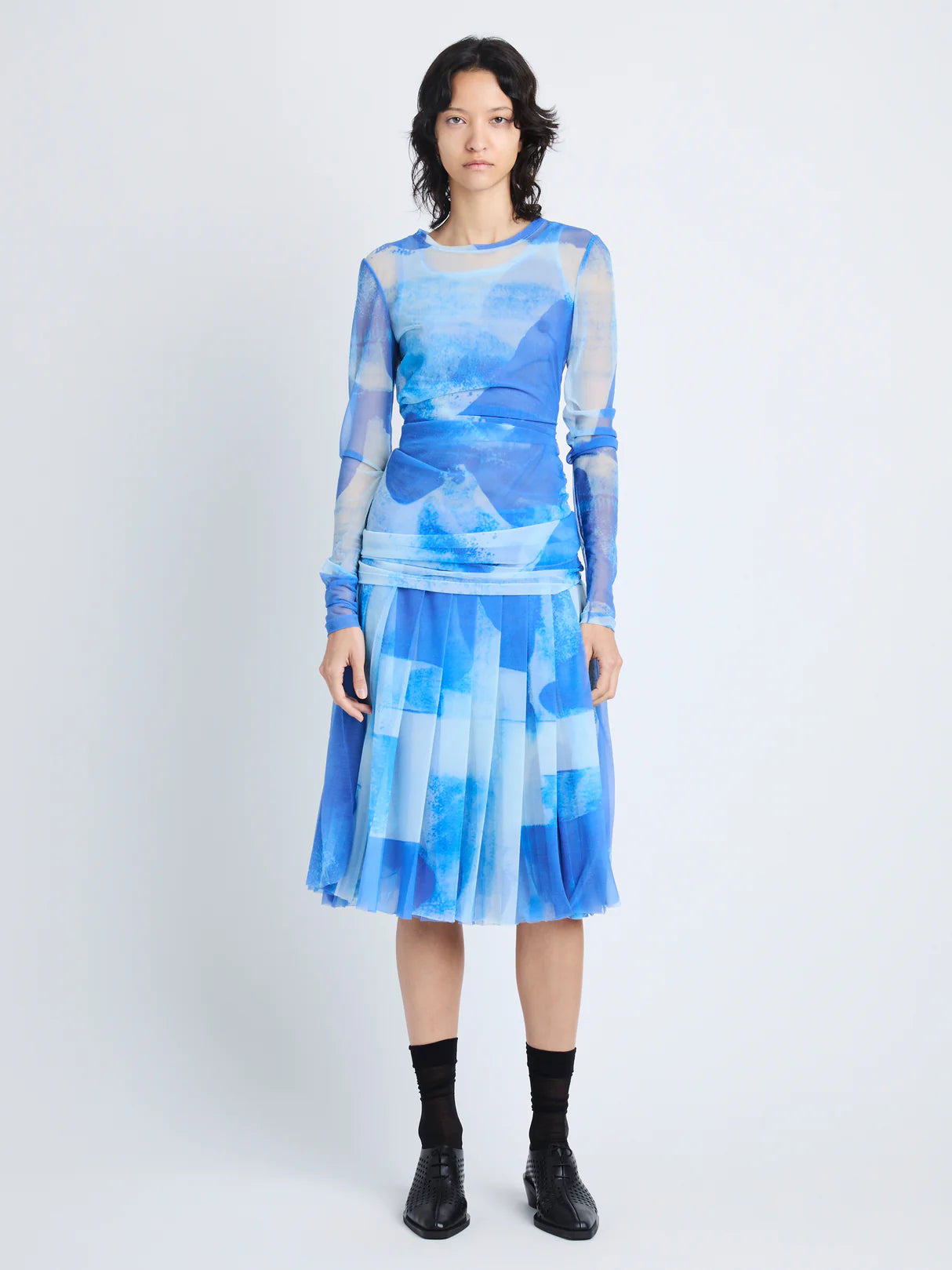 Amber Top in Printed Nylon Jersey - Cerulean