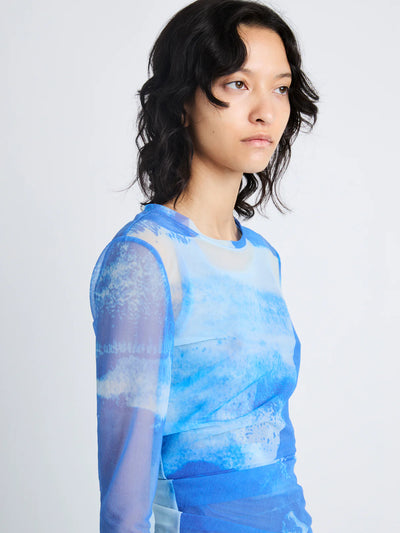 Amber Top in Printed Nylon Jersey - Cerulean