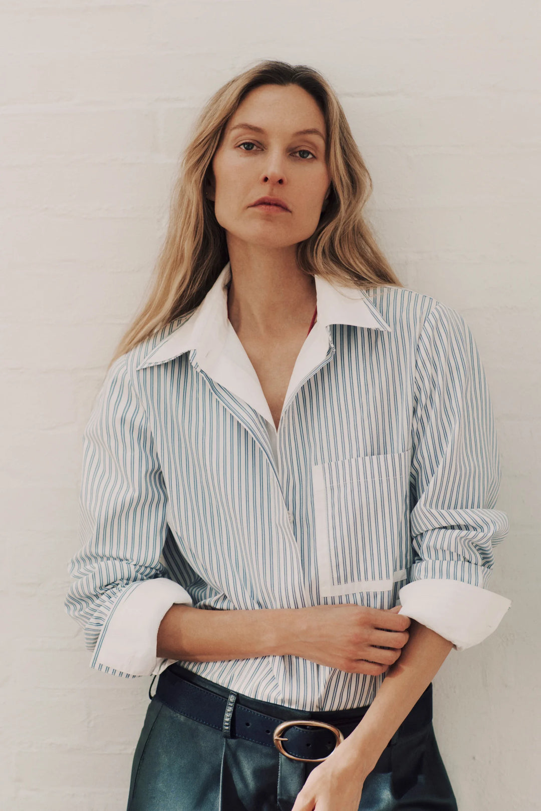 Double Layer Boyfriend Shirt – White/Navy Stripe